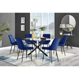 Tierra Modern Chrome Metal & Glass Round Dining Table Set with 6 Luxury Faux Leather Chairs