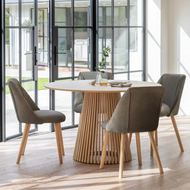 Hopley Osier Oak Dining Table Set - 4 Seater - Mist Grey Dining Chairs - Whitewash Legs