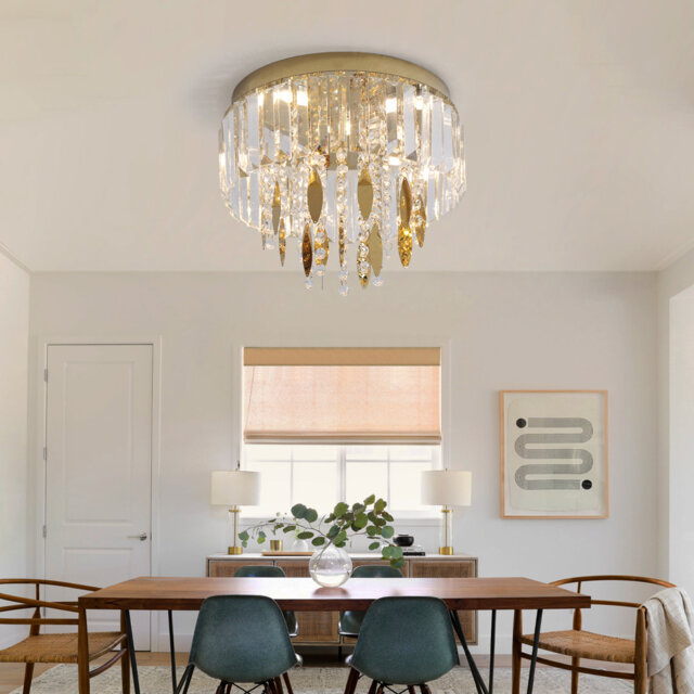 Gold Crystal Chandelier Flush Mount Ceiling Lamp Modern Stainless Steel Light Fixtures For Bedroom Hallway Dining Room Living Room,3-Colour Temperatur