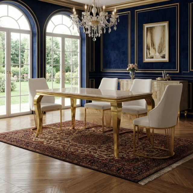 Sofia 150cm Cream Gold Marble Dining Table & 4 Lasco Cream Gold Chairs