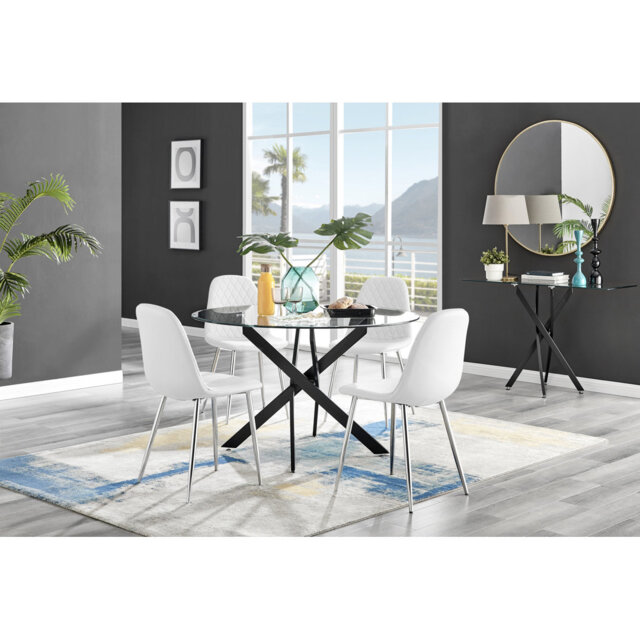 Tierra Modern Chrome Metal & Glass Round Dining Table Set with 4 Luxury Faux Leather Chairs