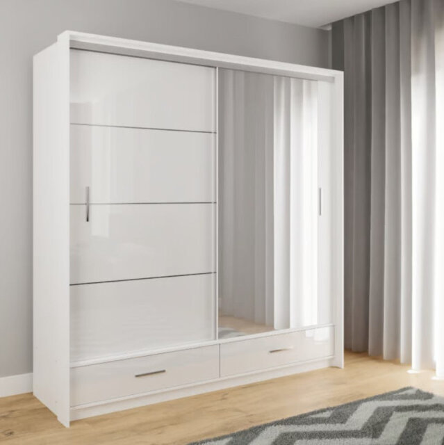 Biddick W208cm Sliding Wardrobe - Black Gloss & Mirror, Illuminated Storage