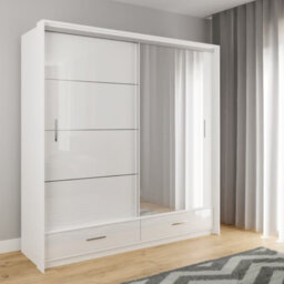 Biddick W208cm Sliding Wardrobe - Black Gloss & Mirror, Illuminated Storage