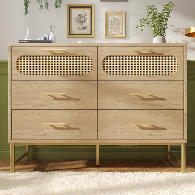 Accent Sideboard, Rattan Sideboard Storage Cabinet With 6 Drawers, Cupboard Sideboards For Living Room, Bedroom, And Hallway, Metal Handles, Anti-Tip