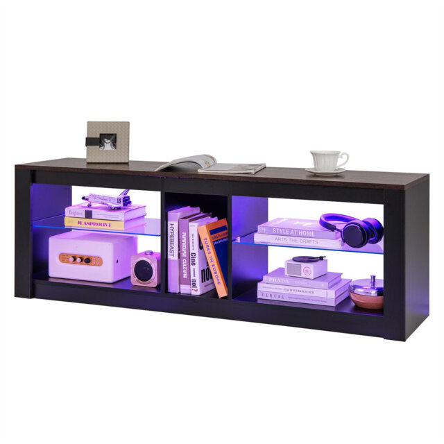 Media Entertainment Center TV Unit With RGB LED Lights And Adjustable Glass Shelves, Wooden TV Console Table For Living Room Bedroom