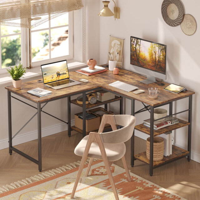L Shaped Office Desk with Shelve, Reversible Corner Computer Desk or 2 Person Long Table