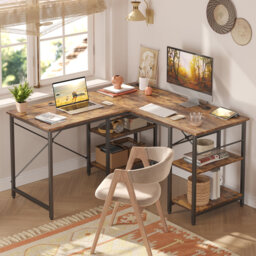 L Shaped Office Desk with Shelve, Reversible Corner Computer Desk or 2 Person Long Table