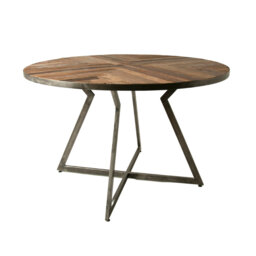 Teak Round Solid Wood Top Metal Base Dining Table