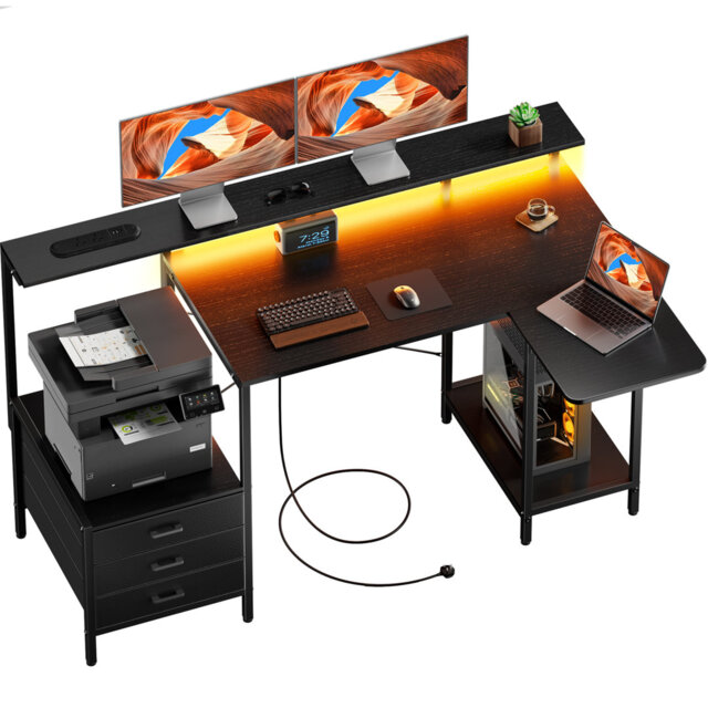 L Shaped Computer Desk with LED Lights,140cm Power Outlets & USB Charging Ports, Home Office Desk with Storage Drawers & Open Shelves & Foldable Small