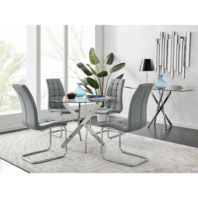 Tierra Modern Chrome Metal & Glass Round Dining Table Set with 4 Modern Faux Leather Chairs