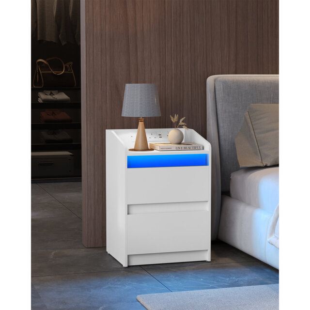 Bedside Table with LED Lights, Bedside Cabinet with Charging Station and 2 Drawers, Nightstand with USB Ports & Power Outlet, Nightstand for Living Ro