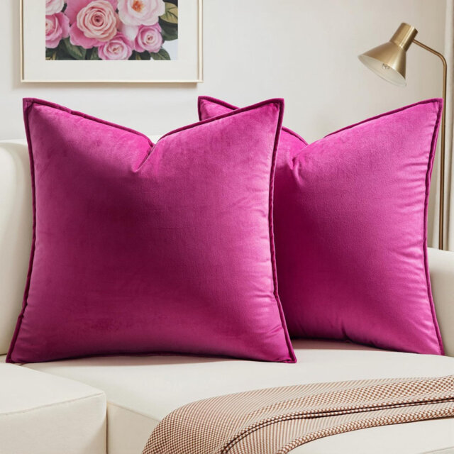 Cushion Covers Pink 18 X 18 Inch Decorative Velvet Square Throw Pillow Case Flanges Pack Of 2 Pillowcases Soft For Livingroom Sofa Bedroom With Invisi