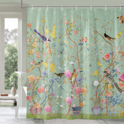 Green Shower Curtain 180x180cm, Mould Proof Resistant Waterproof Bird Floral Bathroom Curtains with 12 hooks Quick-Drying Weighted