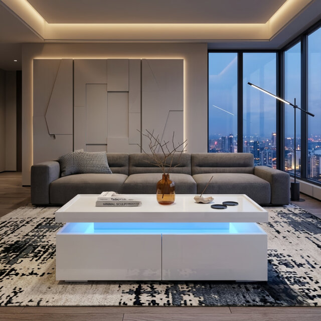High-gloss Coffee Table with 2 drawers, LED lights, Modern Centre Table, Sofa Side Table, Tea Table for Living Room, Office, 95 x 45 x 35cm, White