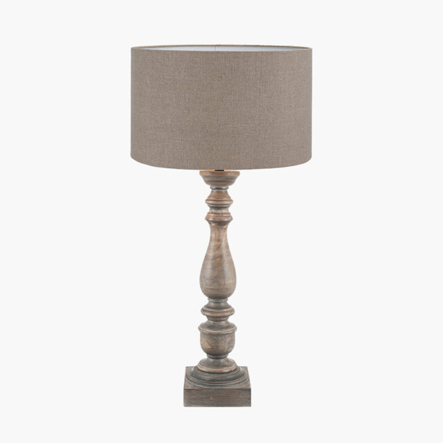 Bernadin Grey Wash Turned Mango Wood Table Lamp Base with Edward 40cm Natural Linen Cylinder Lampshade