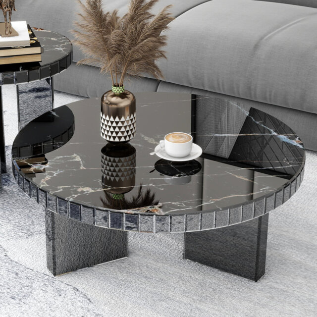 Amla Modern Coffee Table Mirrored Faux-marble Top 90x90cm