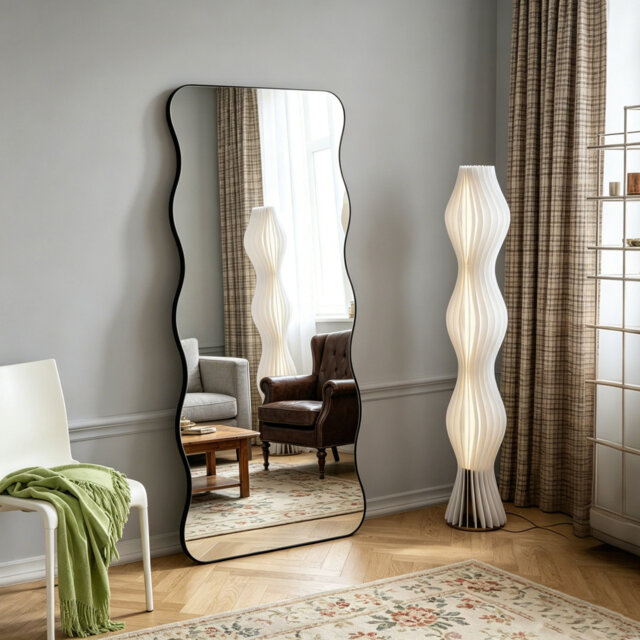 Shyfoy 80x180cm Full Length Mirror Metal Black Framed Flat Wavy Floor Mirror Free Standing