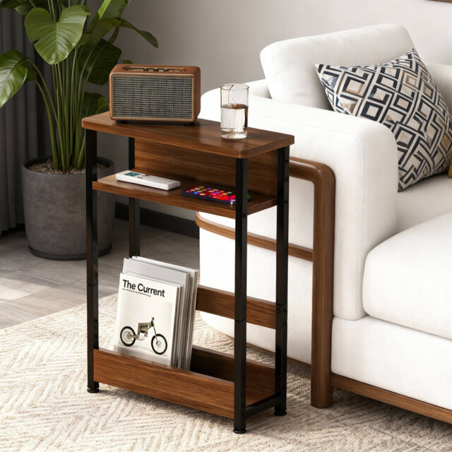 Slim 3-Tier Industrial Side Table with Storage Shelves & Magazine Holder â Narrow Wood and Metal End Table bedside table for Small Living Room and B