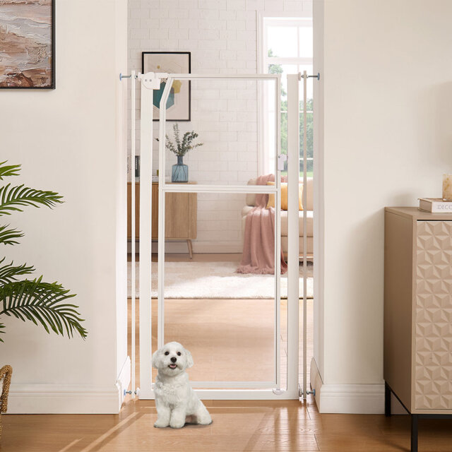 "56"" Extra Tall Pet Gate, Clear Acrylic Tall Cat Gate, 29.5-33.5"" Wide No Drilling Pressure Mounted Dog Gate for Doorway, Hallway, Stairs"