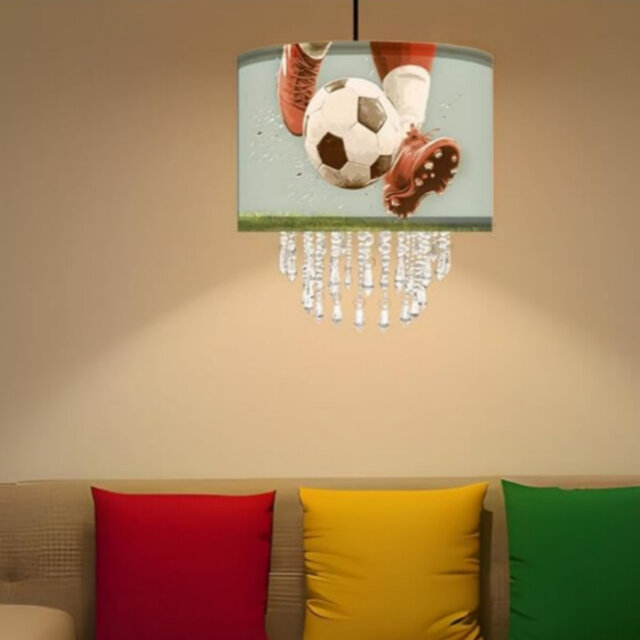 Football Soccer Drum Fabric Lampshade with Acrylic Beaded Droplets, Fabric Drum Light Shade for Pendant, Table 30cm White