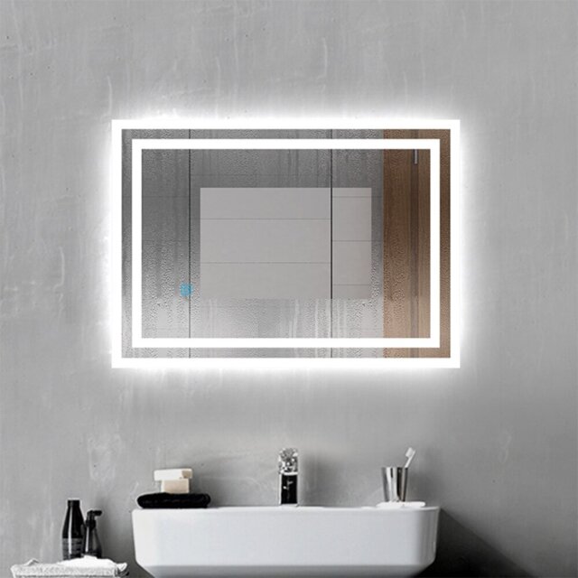 60X50 Flameless Bathroom Mirror With LED Light,Anti Fog Touch Sensor Control
