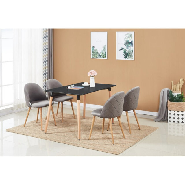 Totnes 4 Person Dining set - a Rectangular Plastic Dining Table with Wooden Legs and a Set of 4 Quilted Velvet Dining Chairs for Dining Room - Modern