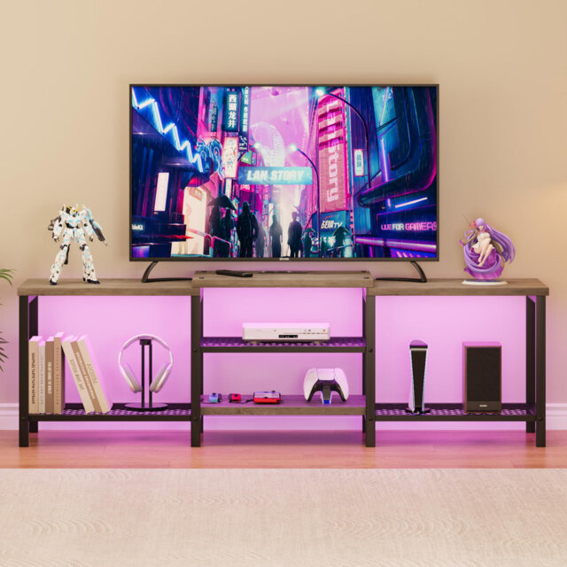 Industrial TV Stand for TVs Up to 70 Inch, Large Entertainment Center with Power Outlets, Led Lights, Open Storage Shelves, Modern Media Console Table