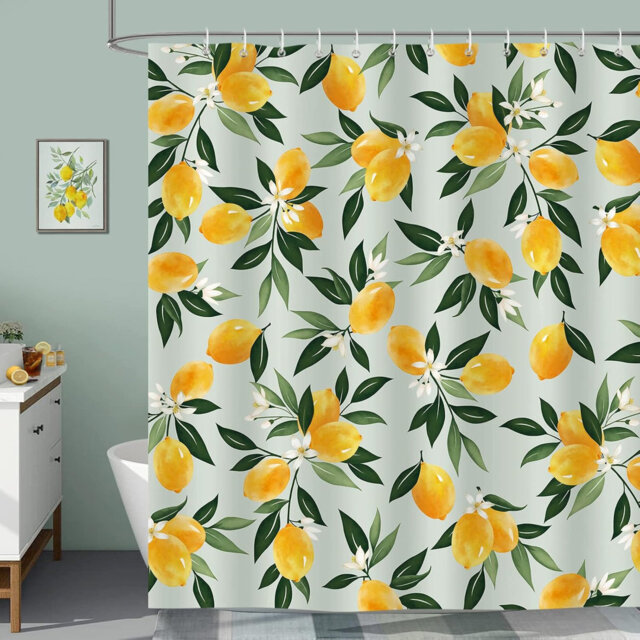 180×180cm Orange Citrus Fruit Shower Curtain, Waterproof Anti-Mildew Polyester Curtain with 12 Hooks