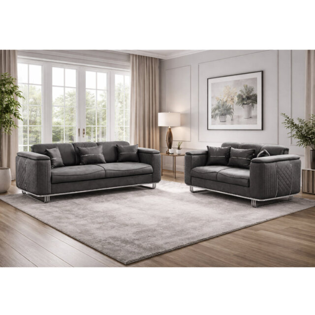 Lidya Grey Velvet Chesterfield 3 & 2 Seater Sofa Set