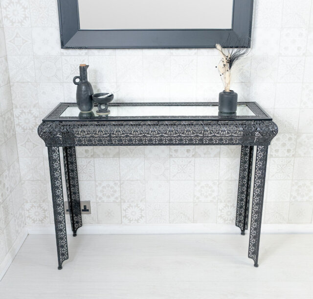 Onaga Embossed Metal & Glass Moroccan Style Console Table
