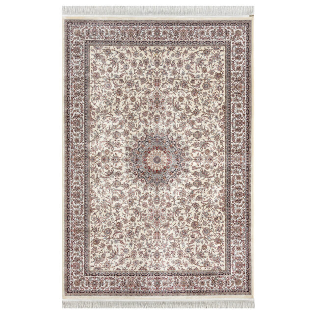 Minyatur Cream Medallion Area Rug – 100% Viscose, Low-Pile Woven Carpet for Living Room, Bedroom, or Hallway
