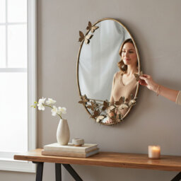 Stylish Metal Oval Butterfly Wall Mirror - Hand-Finished Distressed Decorative Mirror for Kids Bedroom, Nursery and Playroom