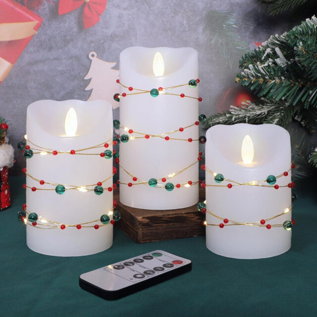 3 Pack LED Flameless Candles with Red Green Beads String Lights: Battery Operated, Remote & Timer