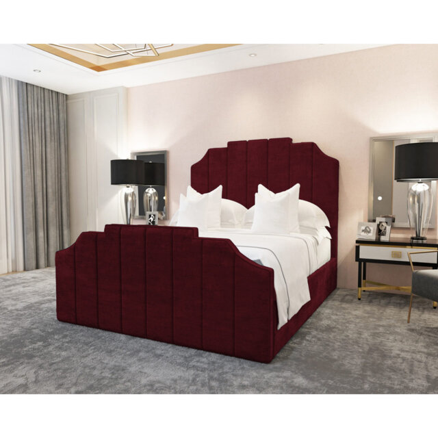 Annalei Regal Velvet Upholstered Bed Frame - Shaped Headboard, Chrome Feet