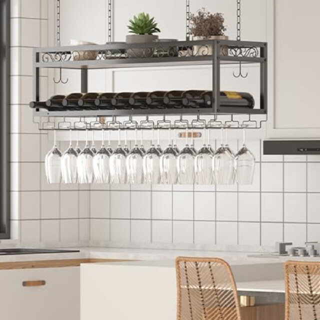 Double-Layer Hanging Wine Rack,Height Adjustable,Black