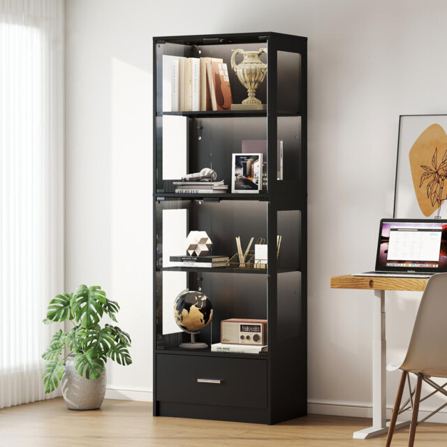 5-Tier Glass Display Cabinet with LED Lights & Adjustable Shelves & 1 Drawer