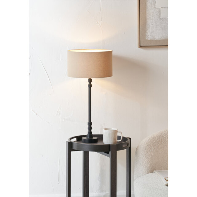 Benis Matt Black Stick Metal Table Lamp Base with Henry 30cm Taupe Handloom Cylinder Lampshade