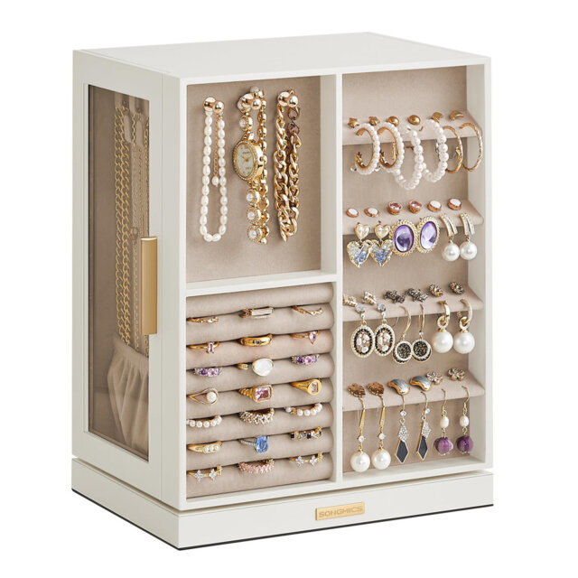Jewelry Box 360Â° Rotating, With 5 Drawers, Glass Window, Open Design, Cloud White