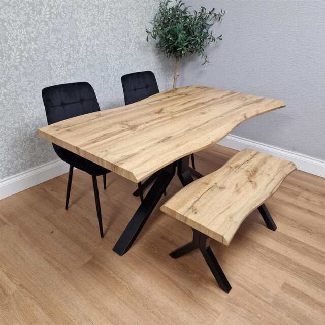Brown Wooden Dining Table with 2 Black Chairs and Bench - Dining Furniture