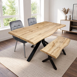 Brown Wooden Dining Table with 2 Black Chairs and Bench - Dining Furniture