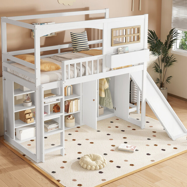 Bunk Bed For Kids With Safety Rails, Slide & Wardrobe, Four-Step Ladder, Spacious Storage