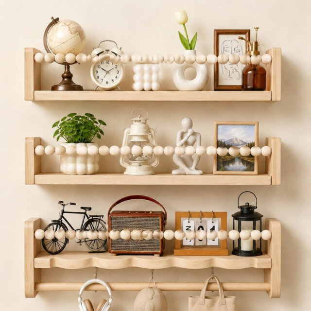Nursery Floating Book Shelves, 40cm Set of 3 Beige Wall-Mounted Bookshelf