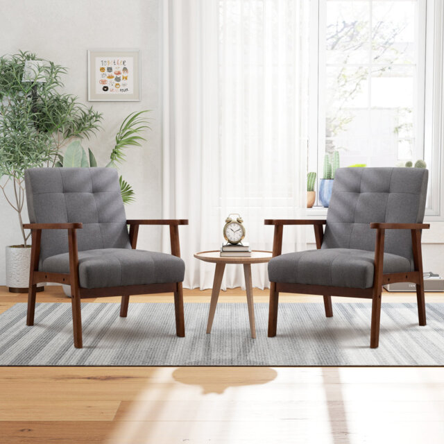 66cm wide Mid-Century Accent Chair With Wooden Armrests & Tufted Upholstered Seat (Set of 2)