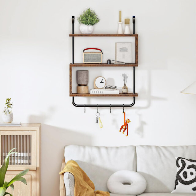 3-Tier Wall-Mounted Kitchen S-Shaped Shelf With 4 Hooks, For Kitchen, Bathroom, Home Office, Rustic Brown