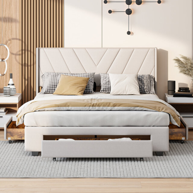 Upholstered Bed Frame with Channel Tufted Headboard