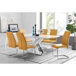 Marietta Chrome Metal and White High Gloss Dining Table Set - 6 Luxury Faux Leather Dining Chairs