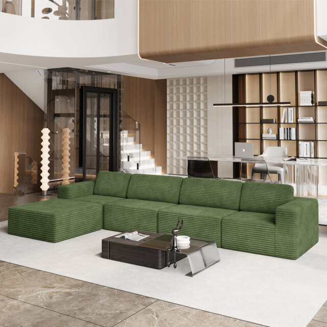 Modular Corduroy 404cm 4-seater Sofa With 1 Ottoman, No Assembly Required, With High Rebound Sponge