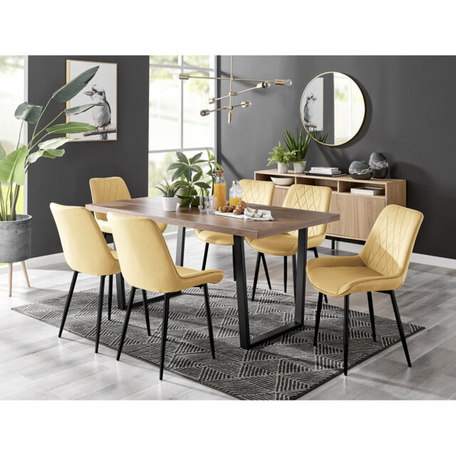 Kylooe Modern Sleigh Style Dining Table Set With 6 Luxury Quilted Velvet Dining Chairs