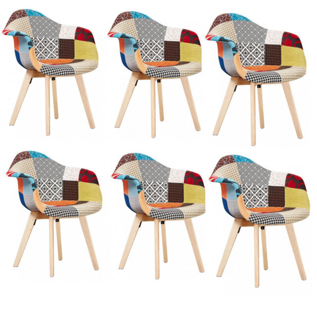 Greenview Patchwork Tub Dining Chairs - Fabric Upholstered Seat and Curved Back with Foam Padding and Solid Wooden Legs - Armchair for Dining Room Kit