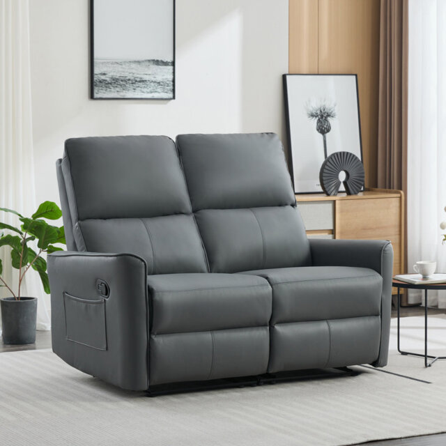 MADRID 2 SEATER MANUAL AIR LEATHER RECLINER SOFA GREY